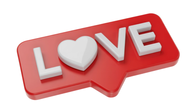 3D 'LOVE' text with a white heart replacing the 'O' on a glossy red social media notification icon, signifying affection. background removed - Powered by Adobe
