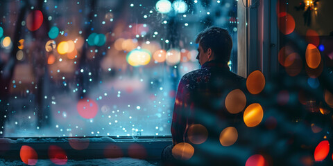 Silhouette of a person sitting alone and looking out the window at night during the Christmas season