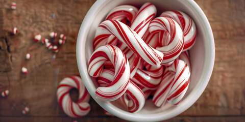 Close-up of red and white peppermint swirl candies in a ceramic bowl on a wooden table with warm Christmas lights and evergreen branches. Festive holiday treat.