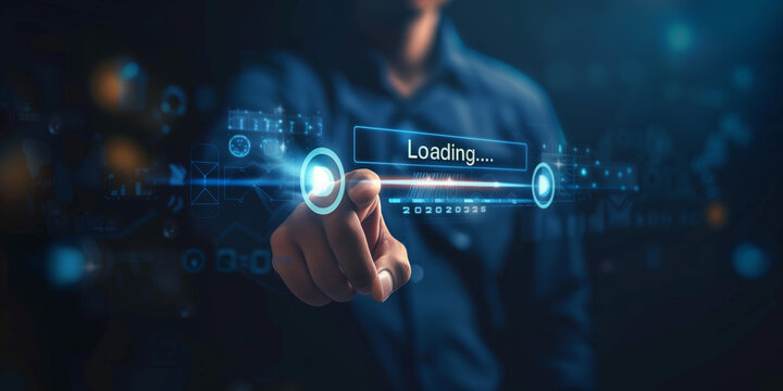 Close-up of a human hand interacting with a digital interface showing a loading bar and the year 2026.