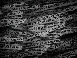 Strips of newspaper with the words United States of America typed on them. Black and white. Close up.