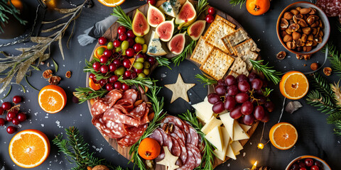 Holiday-themed charcuterie board arranged as a Christmas wreath with grapes, rosemary, crackers, cheese, cured meats, cookies, and fruits