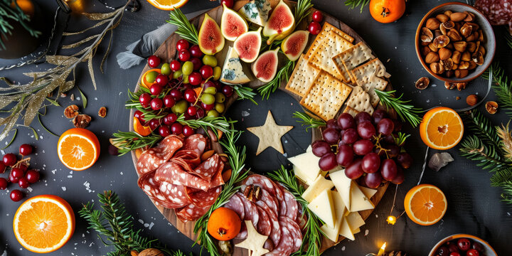Holiday-themed charcuterie board arranged as a Christmas wreath with grapes, rosemary, crackers, cheese, cured meats, cookies, and fruits