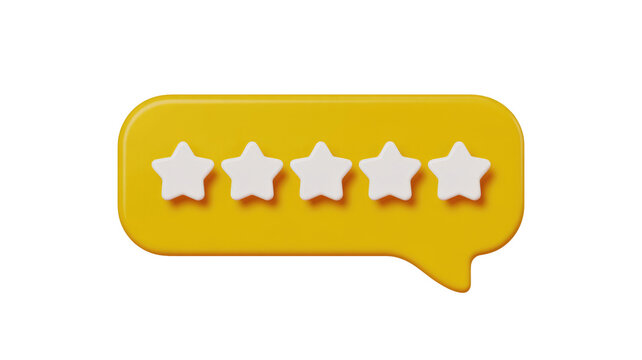A vibrant yellow 3D speech bubble displays five pristine white stars, symbolizing a perfect customer satisfaction rating or excellent review. background removed
