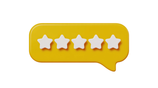 A vibrant yellow 3D speech bubble displays five pristine white stars, symbolizing a perfect customer satisfaction rating or excellent review. background removed
