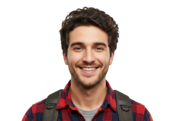 Close up portrait of a smiling young man with curly brown hair wearing a red and black plaid shirt isolated on transparent background