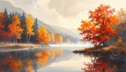 Vibrant autumn forest scene with a calm lake reflecting colorful trees during a misty morning with scattered snow