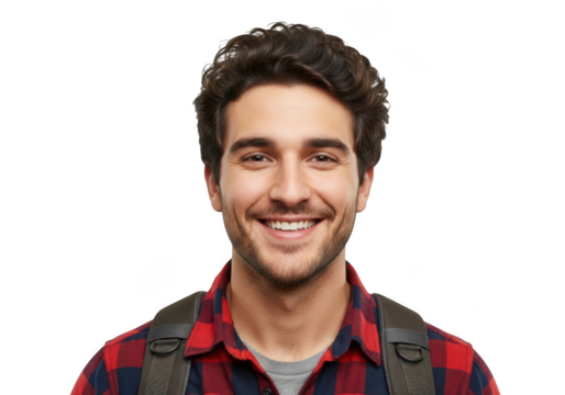 Close up portrait of a smiling young man with curly brown hair wearing a red and black plaid shirt isolated on transparent background - Powered by Adobe