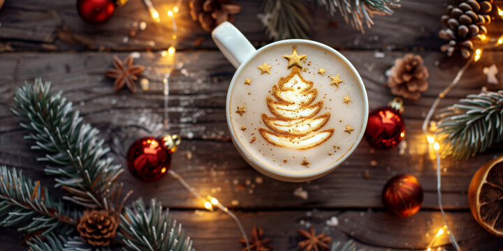 Festive coffee cup with latte art in the shape of a Christmas tree, surrounded by Christmas decorations, pine branches, and warm lights on a wooden table.