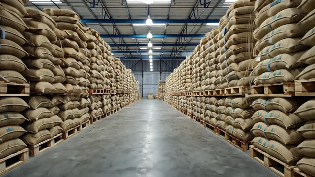 Rows of stacked sacks on pallets in a large warehouse interior, 4k video