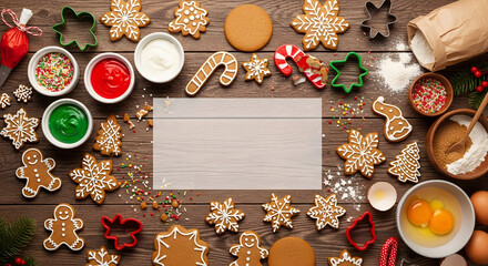 Christmas Gingerbread Cookie Decorating Flat Lay on Rustic Wood