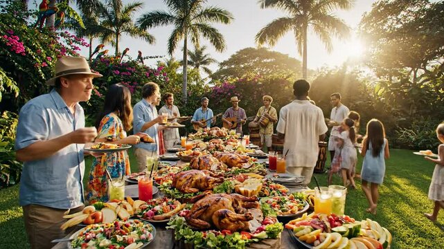 Joyful Outdoor Feast: Friends Enjoying a Tropical Celebration