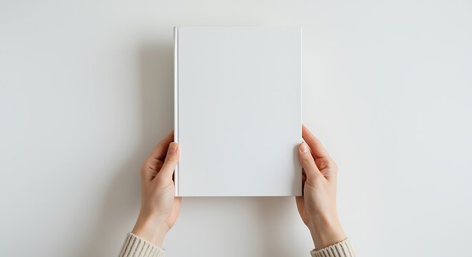 Blank white hardcover book held by hands ready for your design