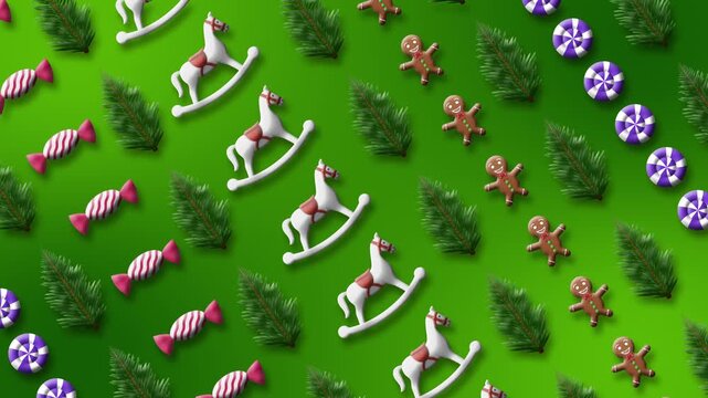 Seamless repeating pattern of Christmas toys cookies and pine trees on green gradient