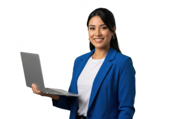 Professional woman in a blue blazer holding a modern laptop computer with a friendly smile isolated on transparent background
