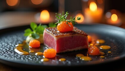 Elegant seared tuna presented on black plate with caviar, herb garnish, sauce. Fine dining meal with modern artistic plating, soft candle light ambience. Restaurant, food styling, culinary art.
