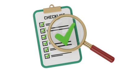 A 3D rendering of a completed checklist on a clipboard with all items marked by green checkmarks, magnified by a golden magnifying glass. background removed