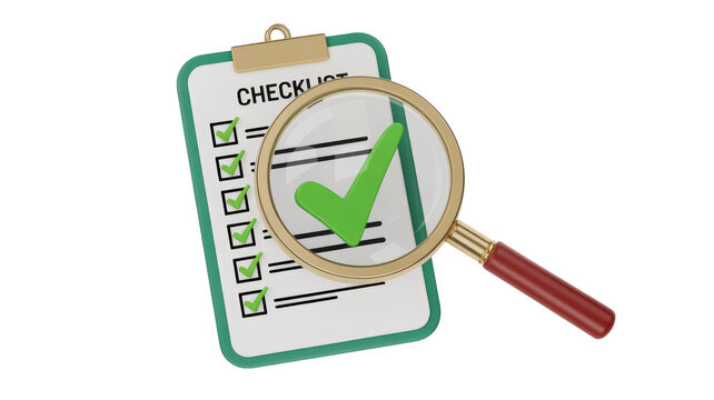 A 3D rendering of a completed checklist on a clipboard with all items marked by green checkmarks, magnified by a golden magnifying glass. background removed - Powered by Adobe