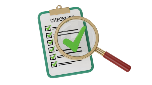 A 3D rendering of a completed checklist on a clipboard with all items marked by green checkmarks, magnified by a golden magnifying glass. background removed