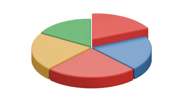 Colorful 3D pie chart with five segments: red, blue, yellow, green. Visualizes data distribution or proportions clearly on a dark transparent background. background removed - Powered by Adobe