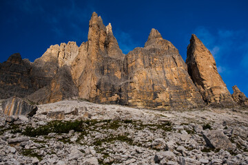 Nature landscape around the Tre Cime di Lavaredo (Three Peaks), Tre Cime Natural Park, Southern Dolomites, Italy. Rifugio Auronzo &ndash; Rifugio Lavaredo &ndash; Rifugio Locatelli &ndash; return via Pian di Cengia.