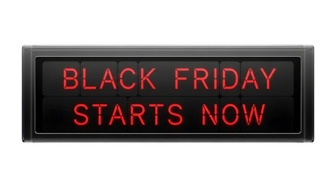 Black friday starts now illuminated sign isolated on transparent background