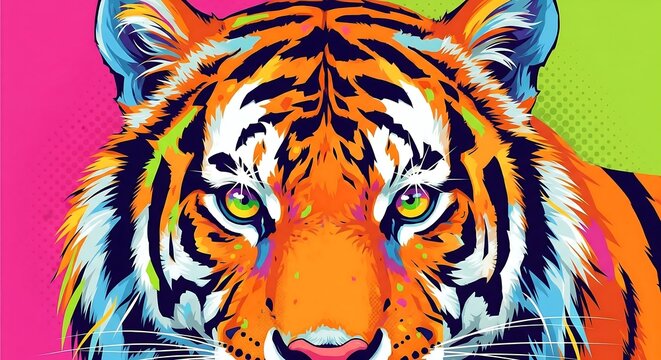 Tiger in Vibrant Colors: A dynamic pop art portrayal of a majestic tiger. This artwork showcases the animal's striking features.