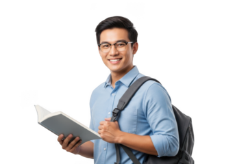 Young asian male student wearing glasses and a blue collared shirt holding an open book with a backpack isolated on transparent background