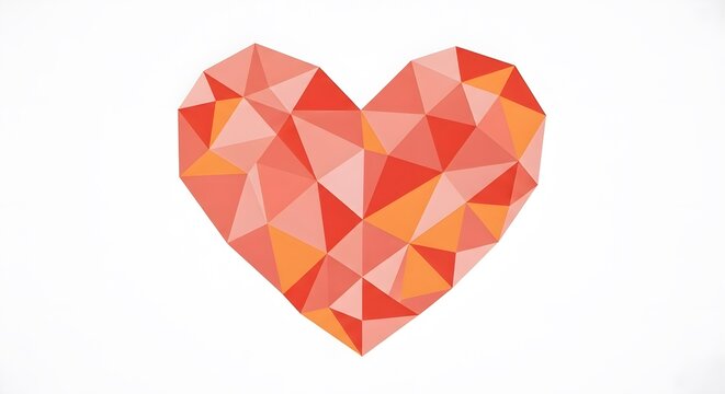 Polygonal Heart Design with Geometric Shapes in Shades of Red and Orange Against White Background a Symbol of Love and Affection
