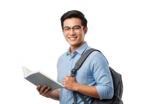 Young asian male student wearing glasses and a blue collared shirt holding an open book with a backpack isolated on transparent background