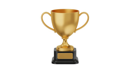 A shimmering golden trophy cup with handles rests on a sleek black base, signifying victory, achievement, and top performance. background removed