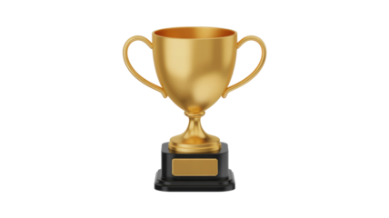 A shimmering golden trophy cup with handles rests on a sleek black base, signifying victory, achievement, and top performance. background removed