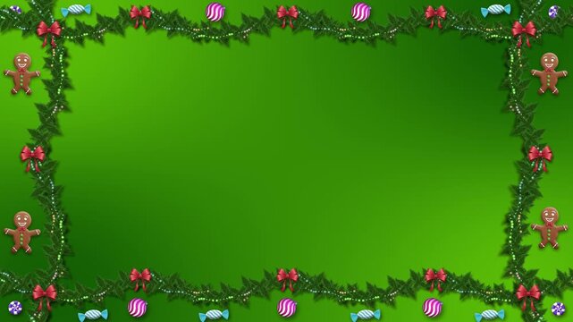 A cheerful, detailed green garland decorated with red bows and scattered holiday candies forms a rich border for the screen.