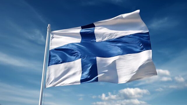 finnish flag finland waving in the wind in blue sky
