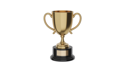 A gleaming 3D rendered gold trophy with a black base and an engraving plate, symbolizing achievement, success, and victory. background removed