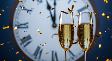 New Year's Eve Champagne Flutes with Confetti & Clock generated ai