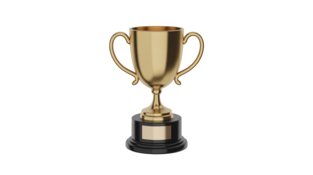 A gleaming 3D rendered gold trophy with a black base and an engraving plate, symbolizing achievement, success, and victory. background removed