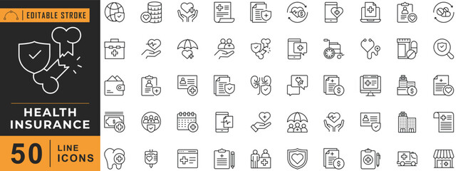 Health insurance line icon set. Editable stroke. Vector illustration.