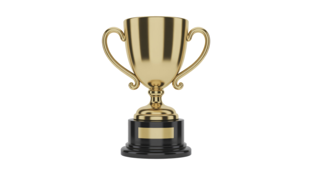 A gleaming golden trophy stands proudly on a polished black base with an engravable plate, symbolizing victory and accomplishment. background removed