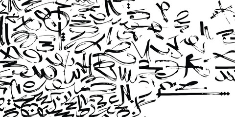 Abstract black ink brush strokes on white, dynamic artistic calligraphy pattern