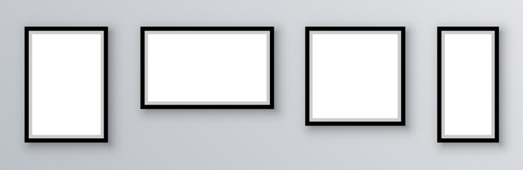 Photo frame set, frame with shadow hanging on gray background, picture frames in different forms for photo cards © dlyastokiv