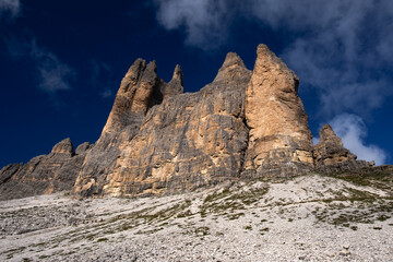 Nature landscape around the Tre Cime di Lavaredo (Three Peaks), Tre Cime Natural Park, Southern Dolomites, Italy. Rifugio Auronzo &ndash; Rifugio Lavaredo &ndash; Rifugio Locatelli &ndash; return via Pian di Cengia.