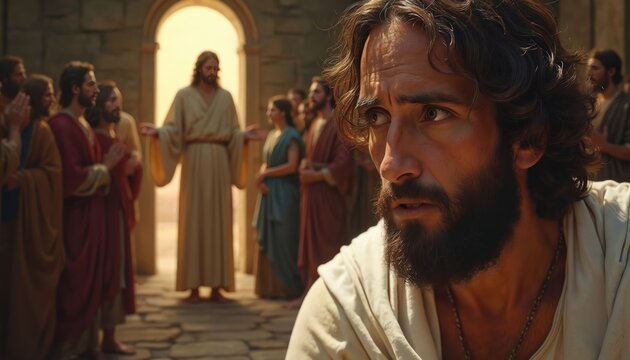 Jesus appears to disciples in room. Doubting Thomas looks at Jesus with hesitant, questioning gaze. Disciples stand around, with hands clasped. Jesus wears white robe. Thomas white cloth. People