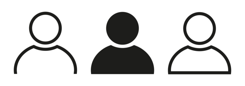 User avatar icon, profile symbol in outline and solid style, default flat person icons isolated
