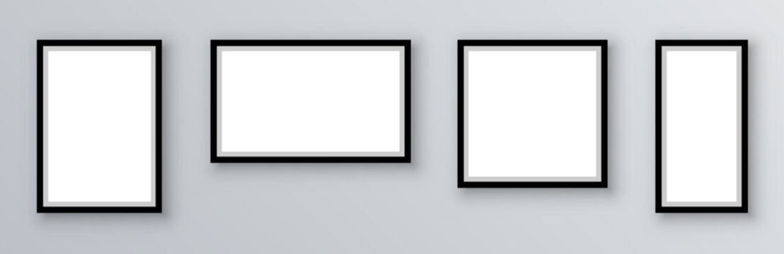 Photo frame set, frame with shadow hanging on gray background, picture frames in different forms for photo cards