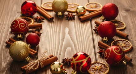 Christmas Flat Lay: Red & Gold Ornaments on Wood with Cinnamon & Orange Slices  generated ai