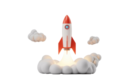 A stylized red and white rocket launches upwards amidst billows of white smoke, symbolizing new beginnings, success, and rapid progress. background removed