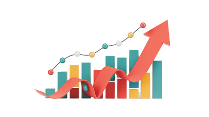 3D rendering of a dynamic growth chart featuring colorful bars, a dotted line, and a bold red arrow pointing upwards, signifying progress. background removed