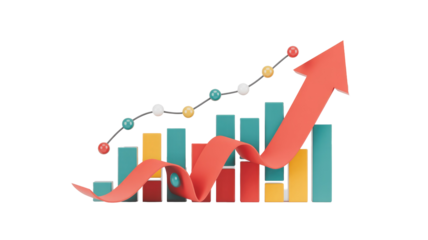 3D rendering of a dynamic growth chart featuring colorful bars, a dotted line, and a bold red arrow pointing upwards, signifying progress. background removed