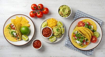 Delicious tacos guacamole salsa and tortilla chips for a Mexican feast